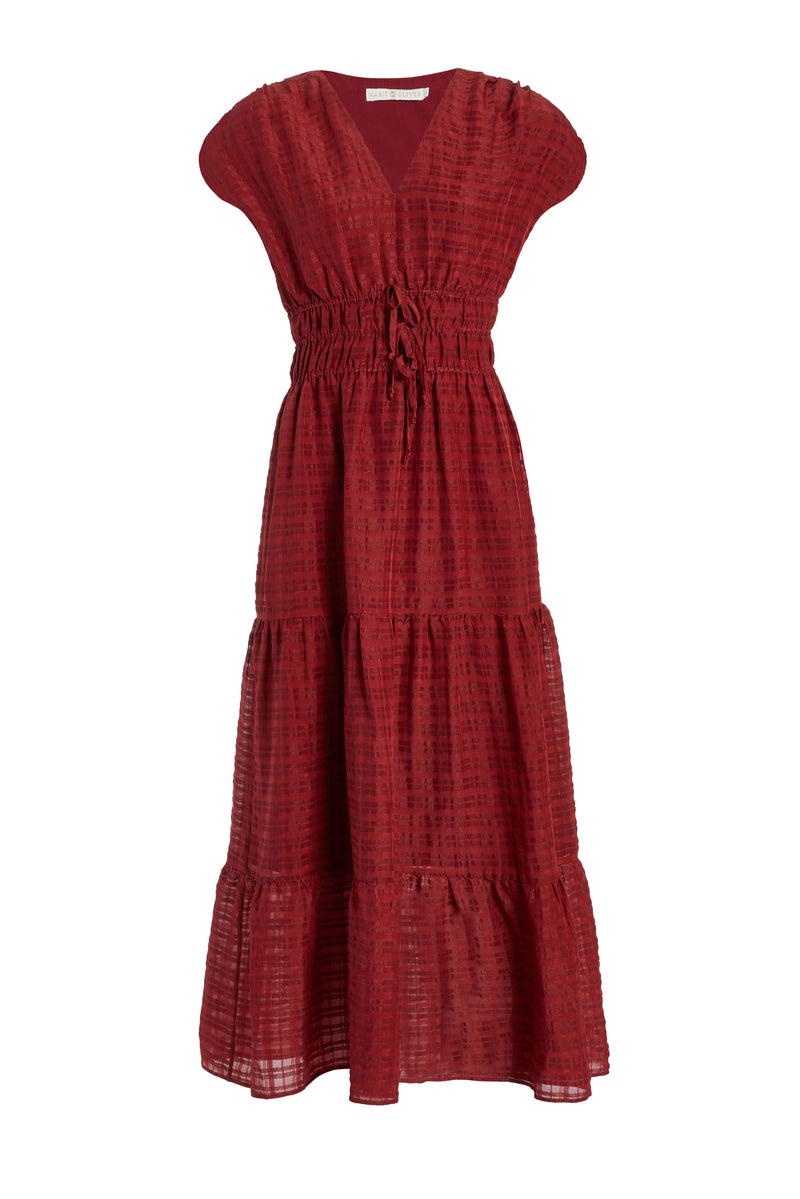 Long dress with short sleeves and a v-neckline in a solid dark red color