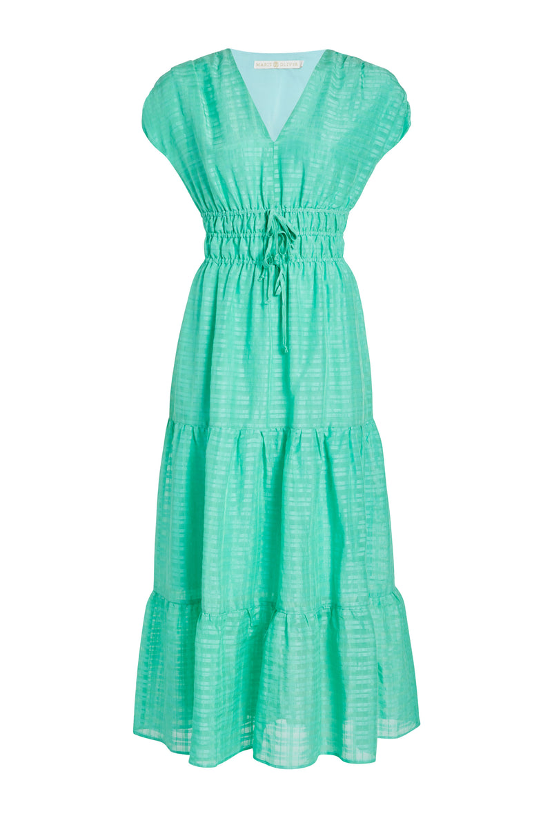 Long dress with short sleeves and a v-neckline in a solid bright green