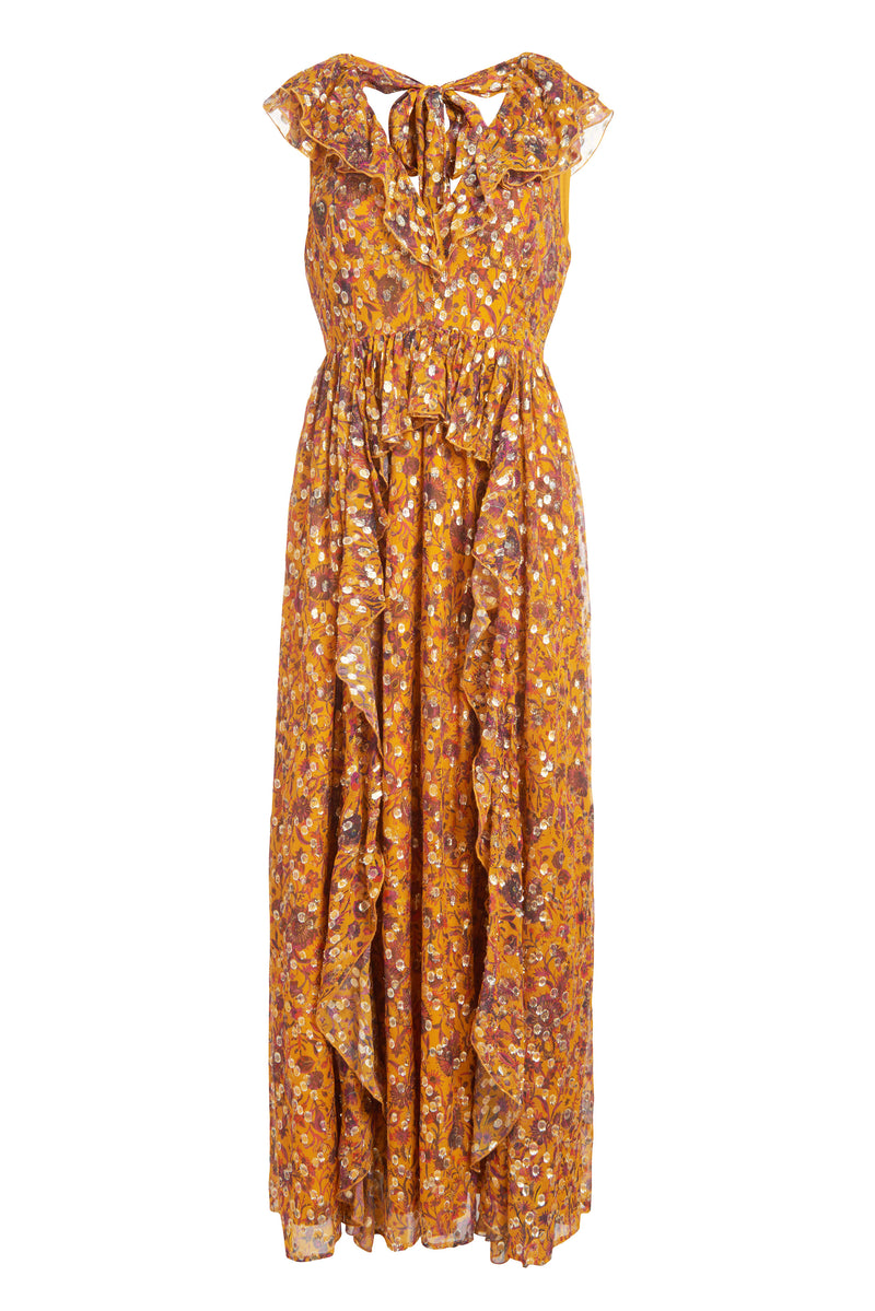 Long dress in a harvest floral print with gold detailing  cinched in at the waist with a ruffled waistline and v-Neckline