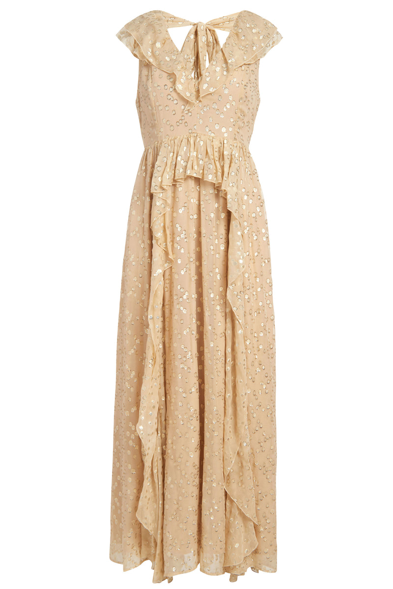 Long flowy dress in a cream color with gold detailing with a ruffled v-neckline in the front and back of the dress