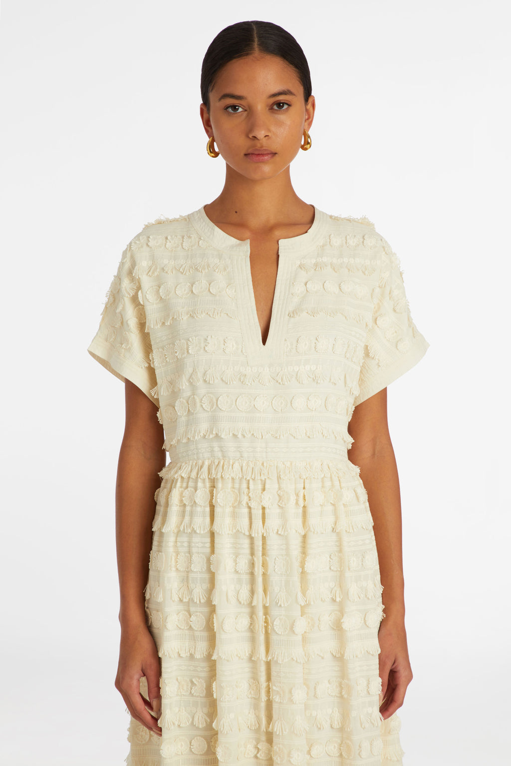 Maxi dress that is cinched at the waist with short sleeves 