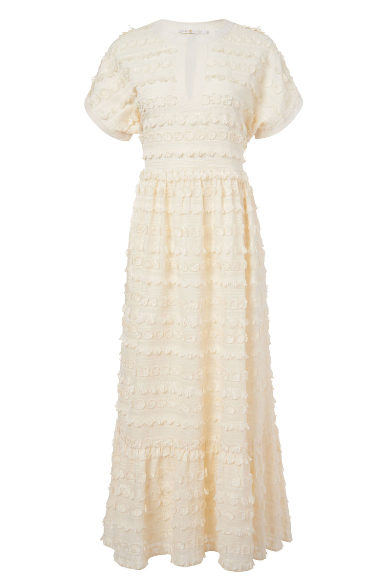 Long dress in a fringe pattern in a solid white 