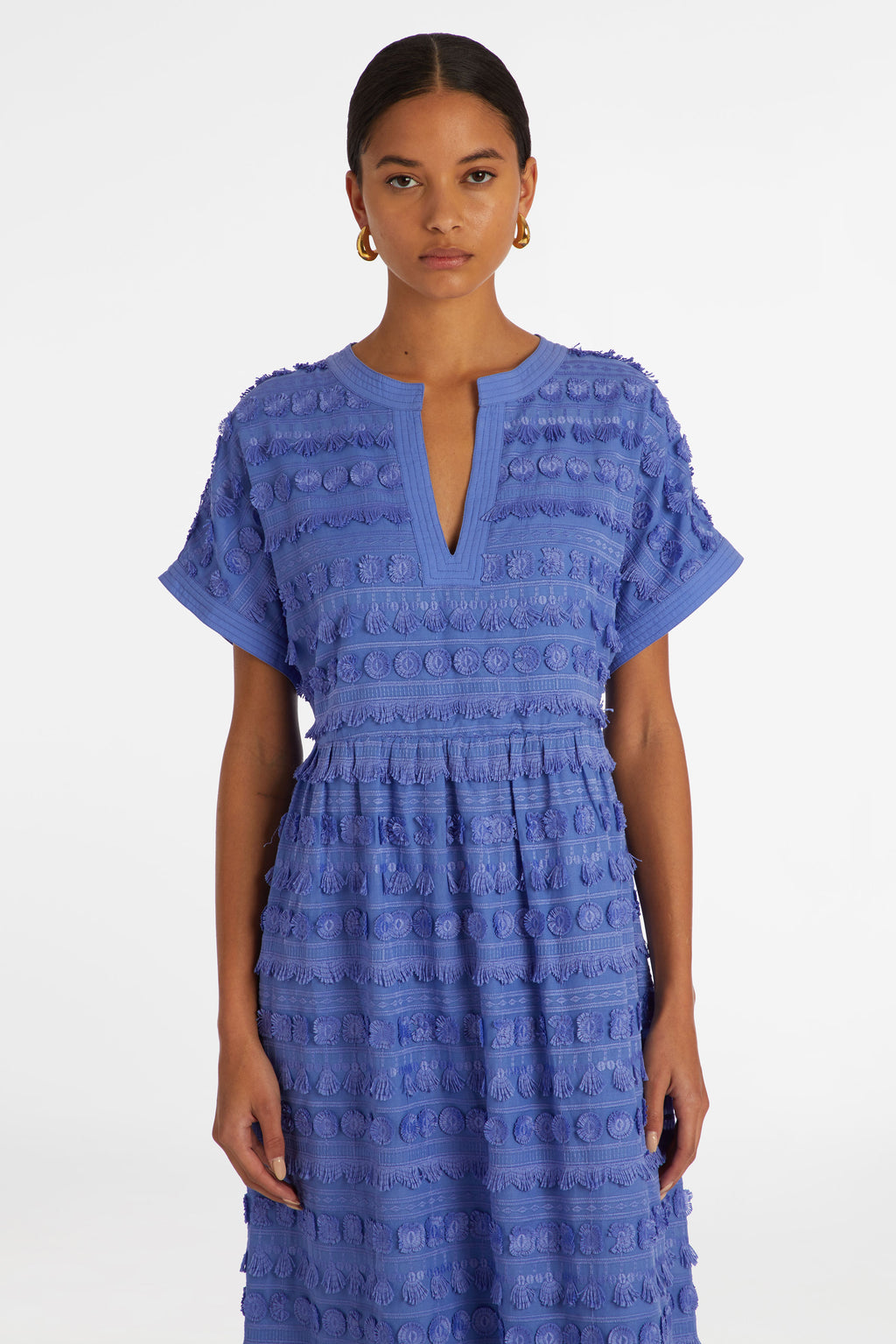 Maxi dress that is cinched at the waist with short sleeves 