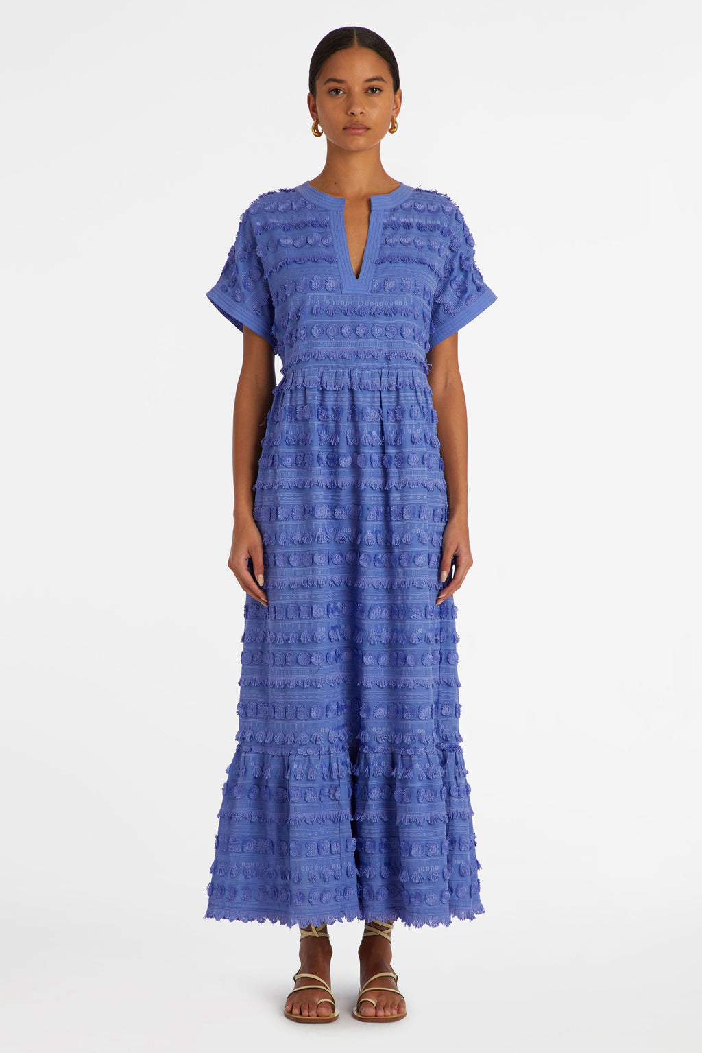 Light blue maxi dress with short sleeves and a v-neckline 