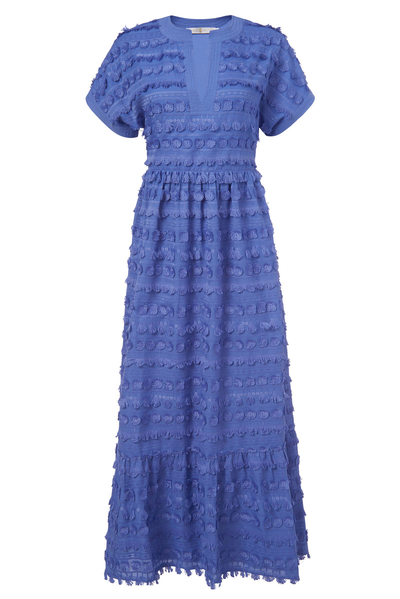 Long dress in a fringe pattern in a solid light blue 