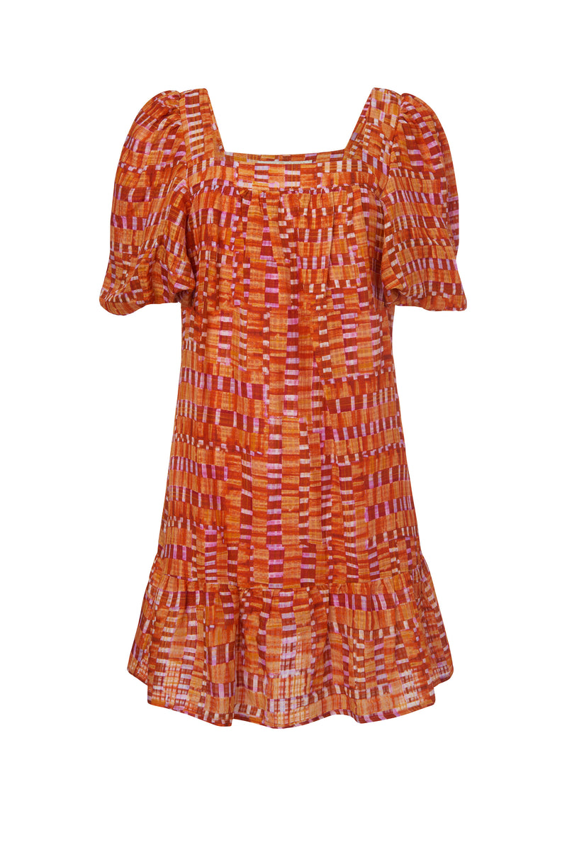 Orange and red checkered print short dress with a square neckline