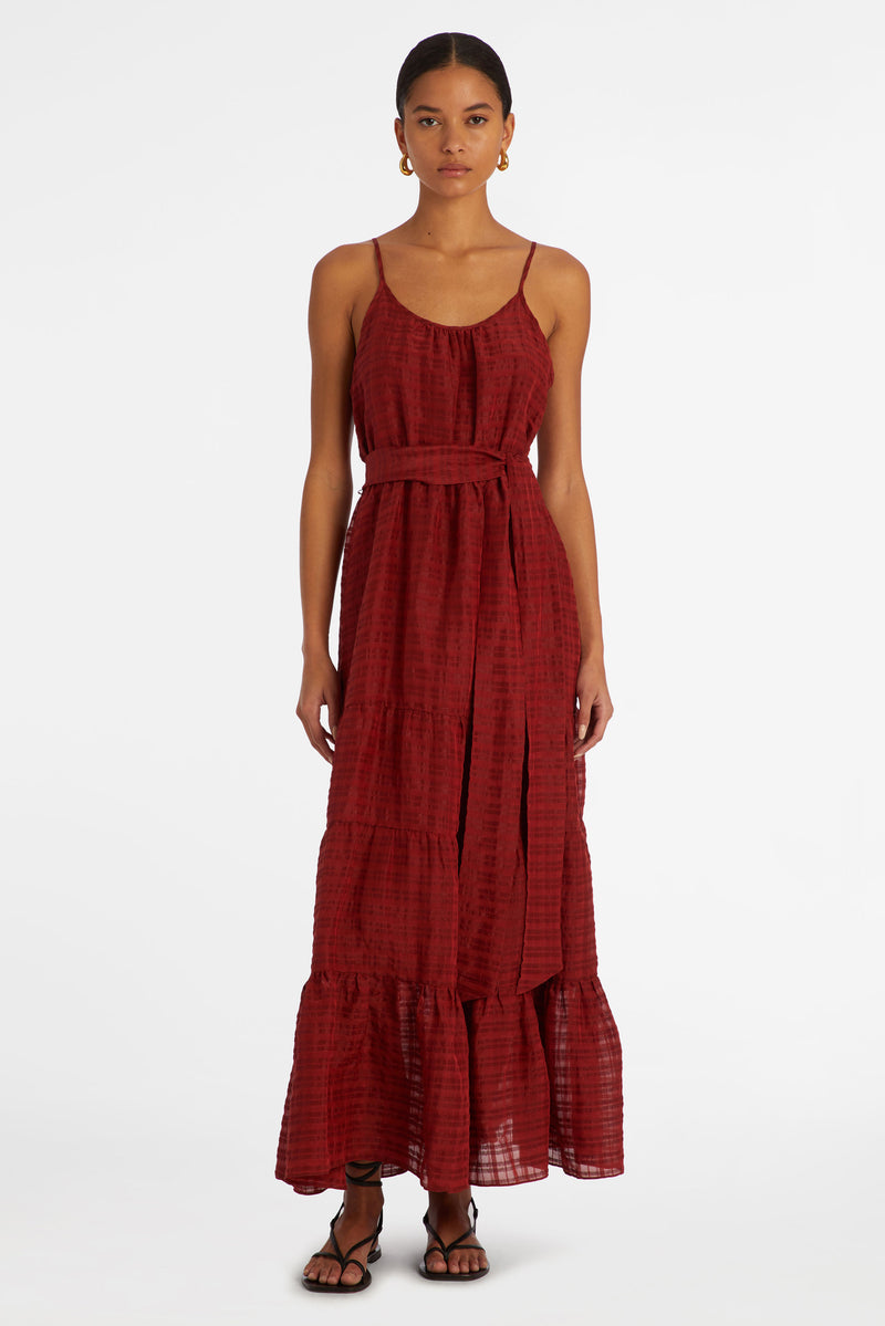 Maxi dress with adjustable spaghetti straps and a tie at the waist