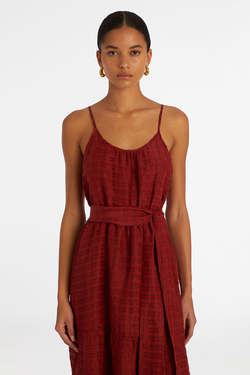 Long dress in a sheer burgundy striped fabric 