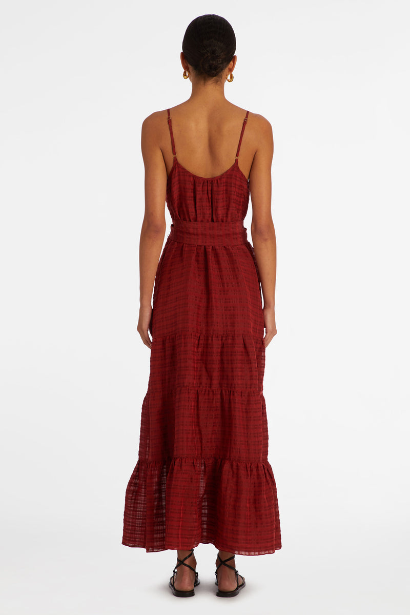 Maxi dress with adjustable spaghetti straps and a tie at the waist