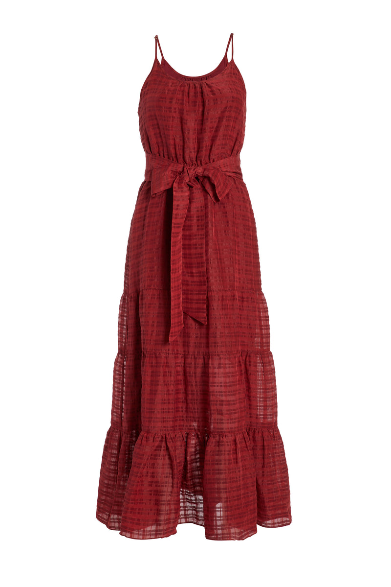 Long dress that is belted at the waist with an adjustable sash belt 
