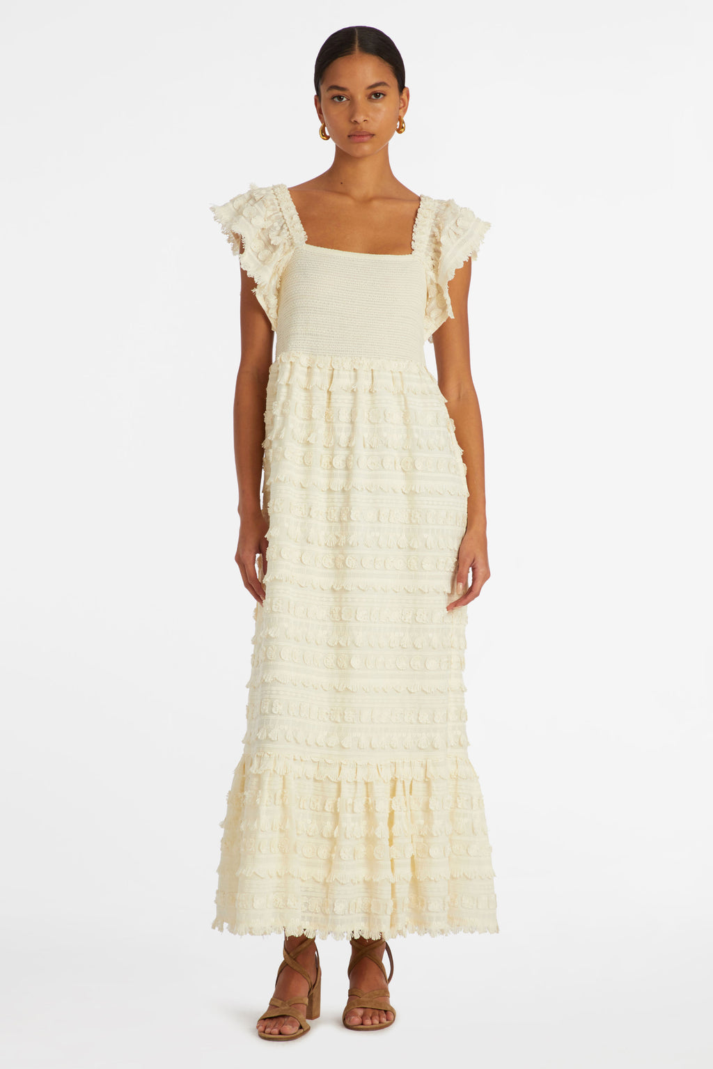 Solid white maxi dress with tassel pattern 
