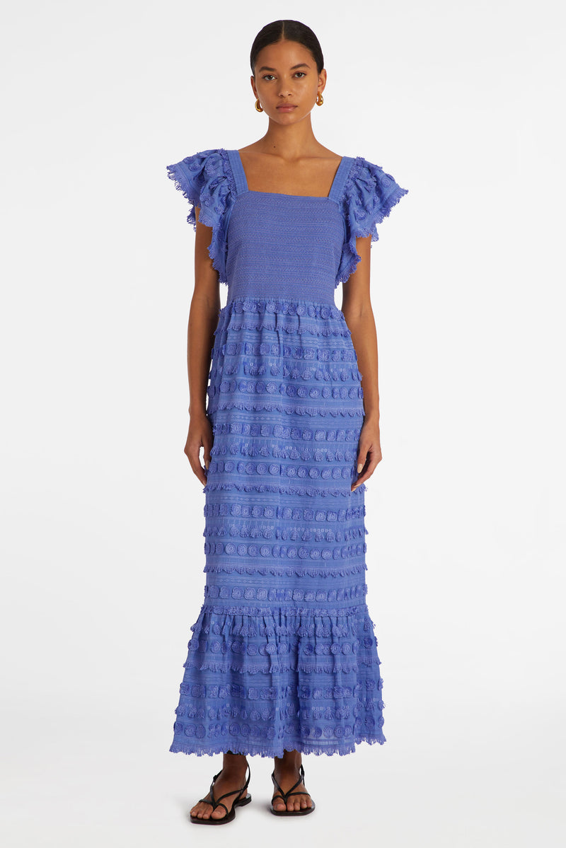 Maxi dress that has short flutter sleeves and a smocked bodice