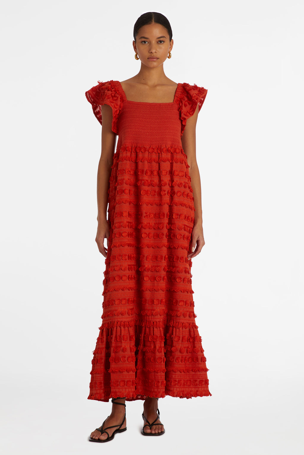 Solid red maxi dress with tassel pattern 