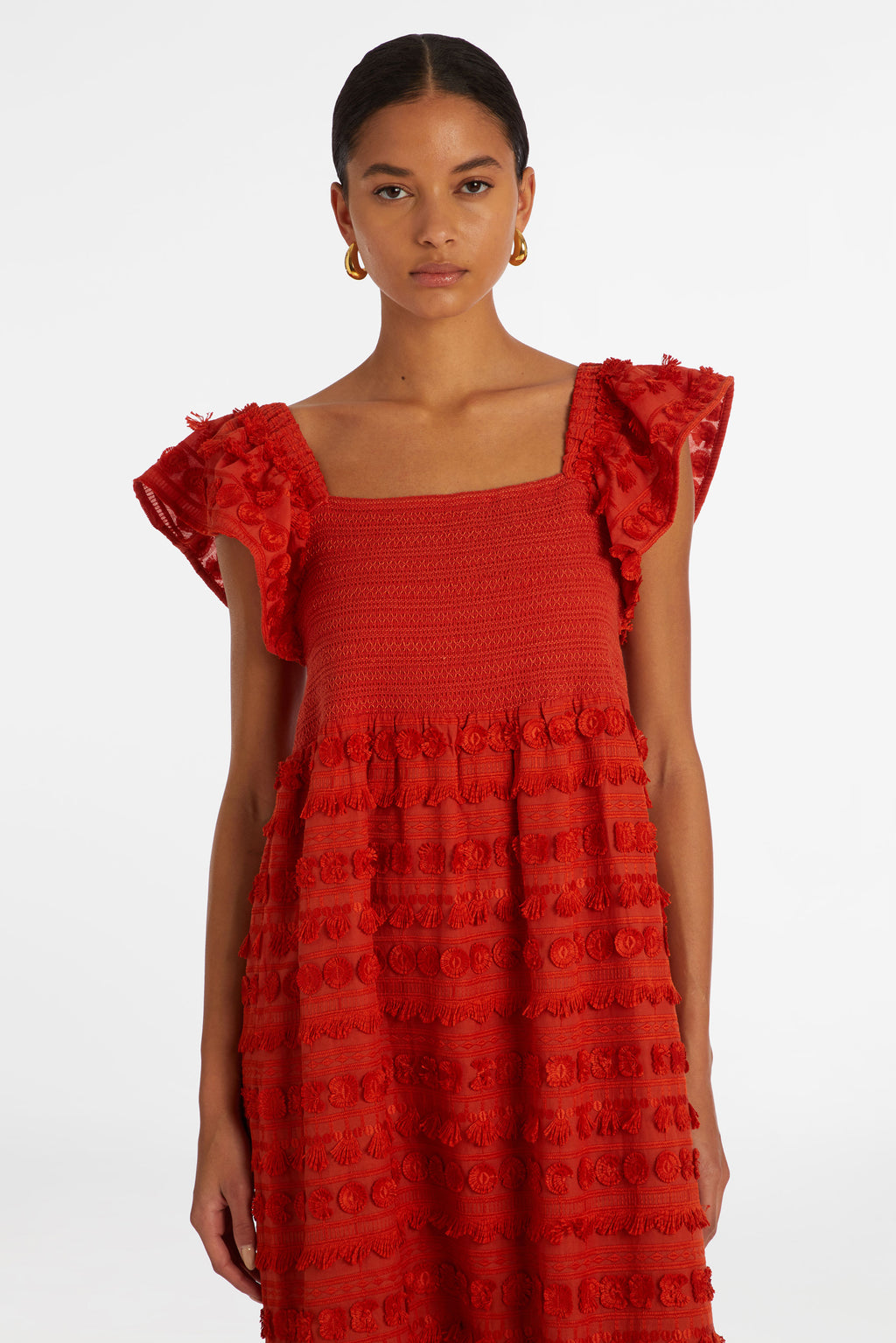 Maxi dress that has short flutter sleeves and a smocked bodice