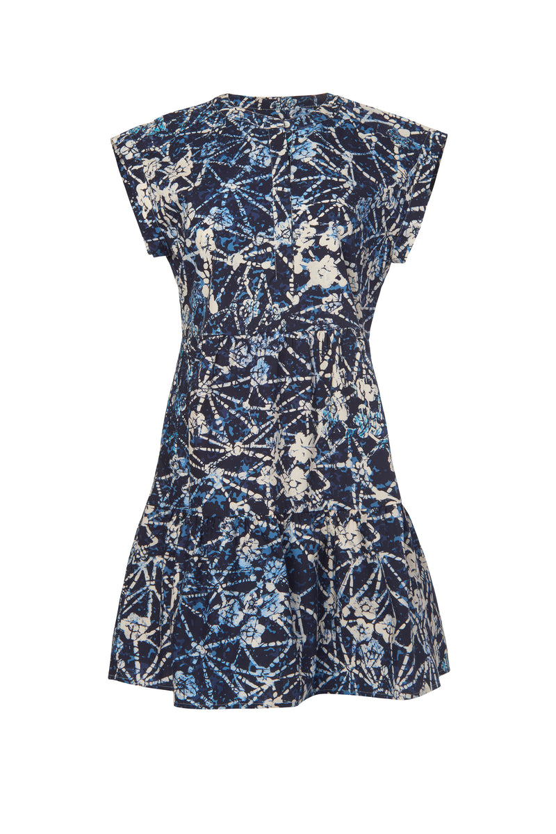 Short blue floral dress with short cuffed sleeves