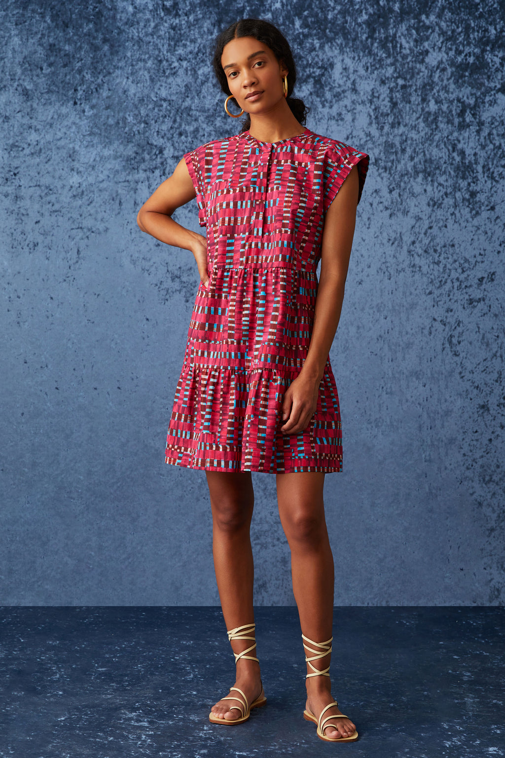 Dark pink geometric short dress with functional buttons down the front