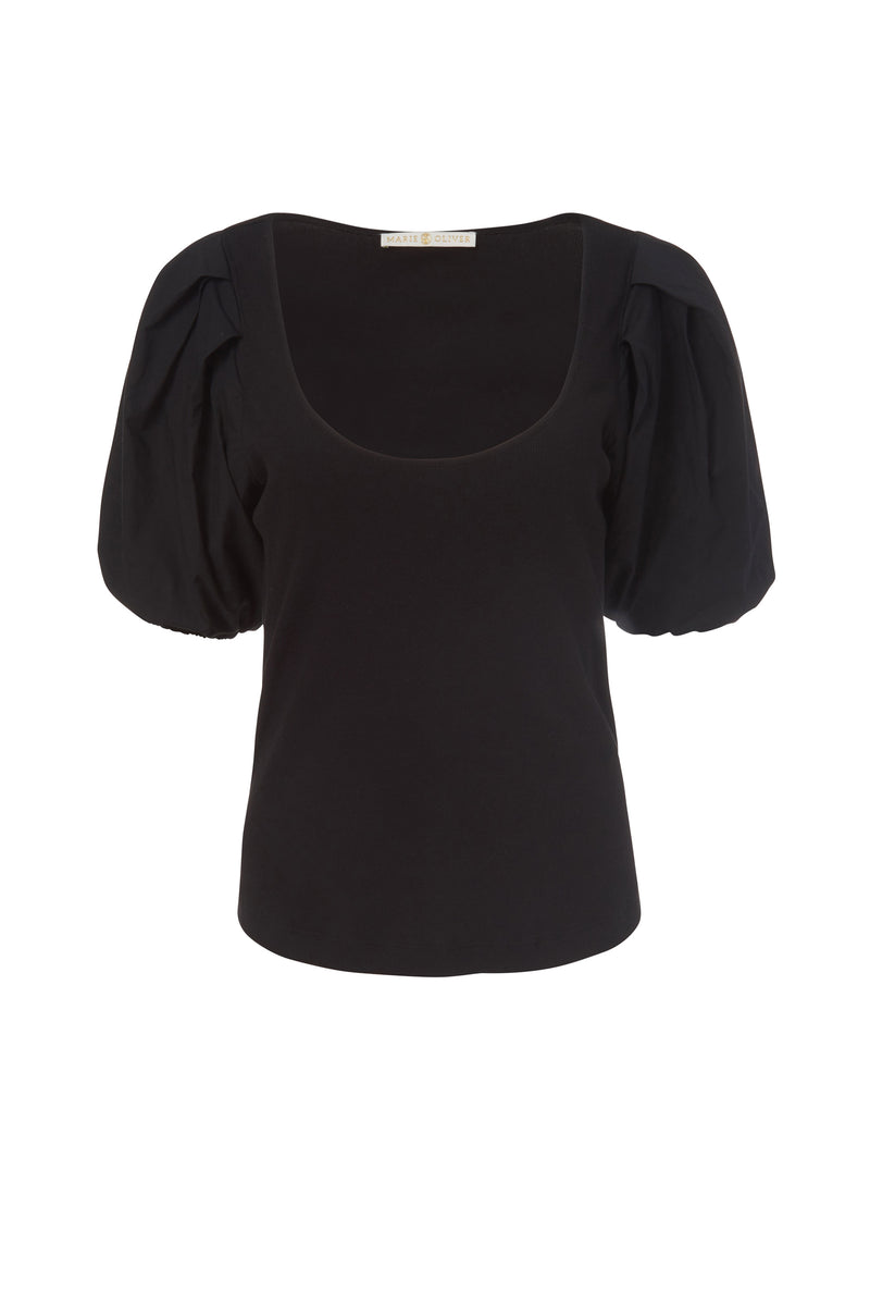 Scoop neck black top with puff sleeves