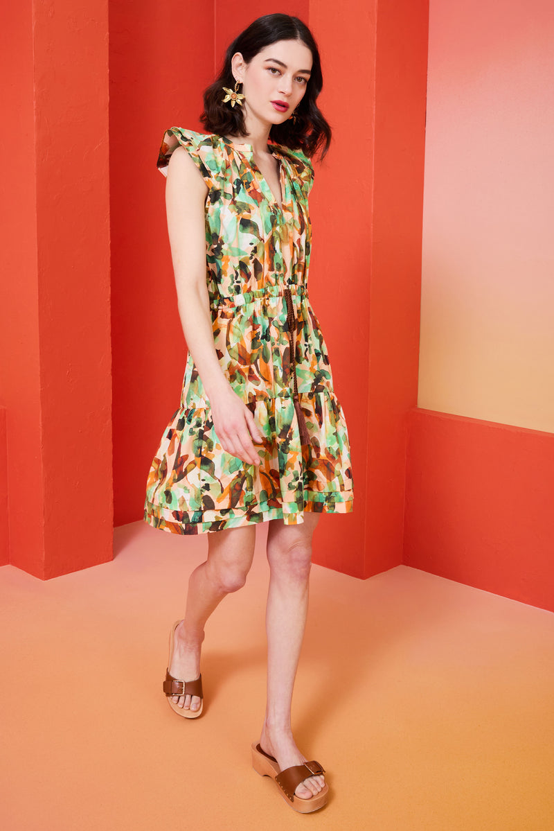 Short flutter sleeve dress in abstract orange and green