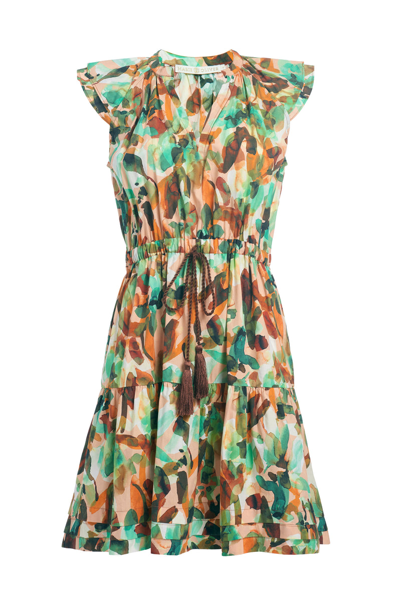 Green, orange and brown water color printed v-neck dress with a brown braided belt with tassles 