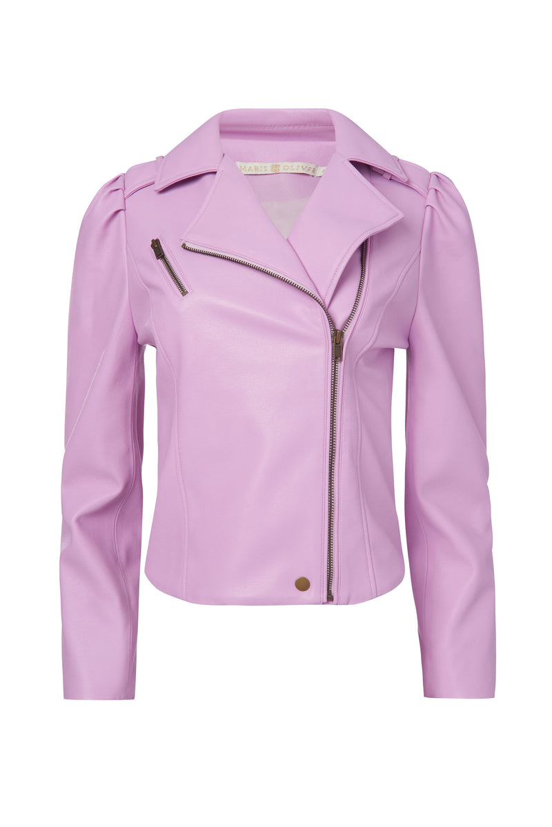 Leather jacket with gathered pleats at the shoulders