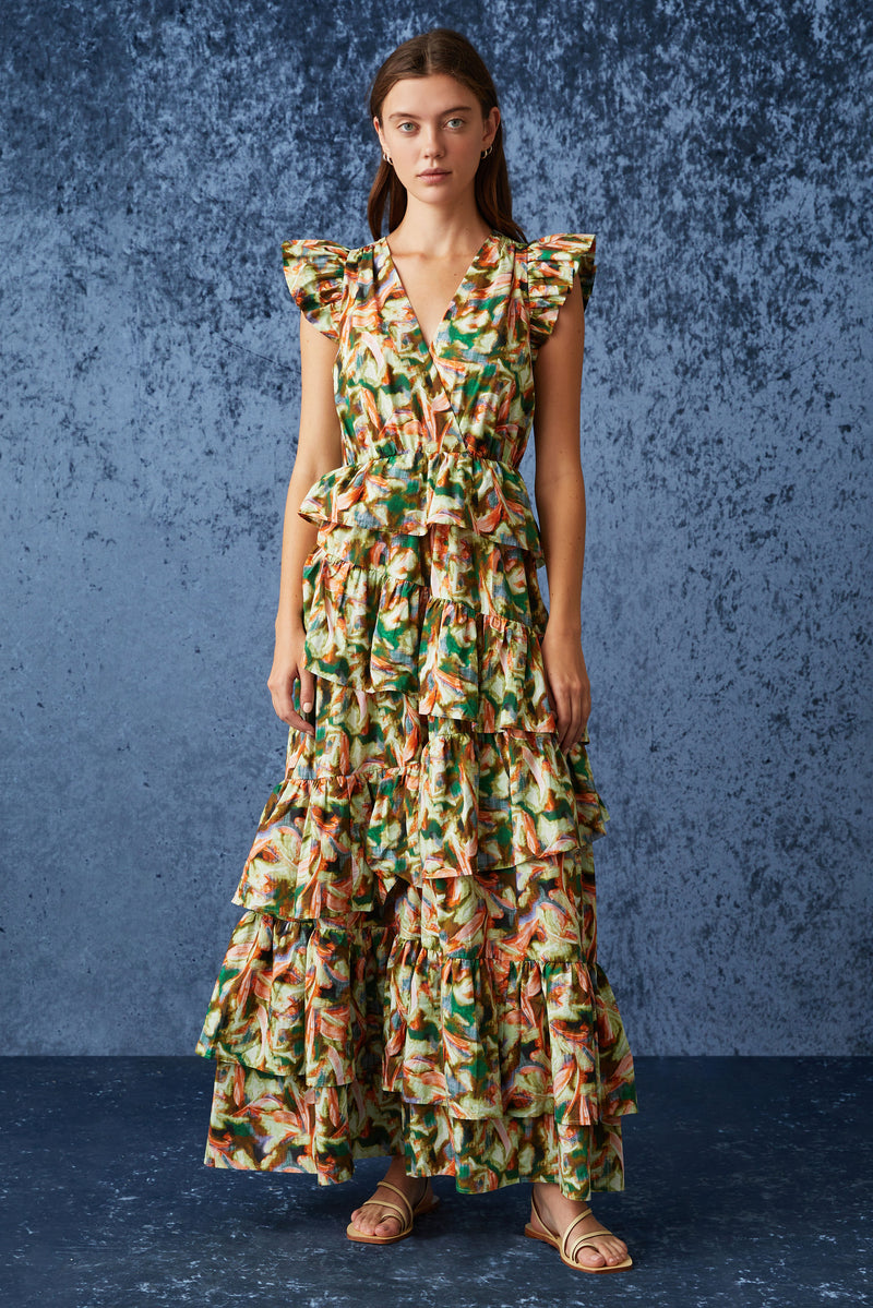 Green leaf like printed maxi dress with an asymmetrical tiered skirt