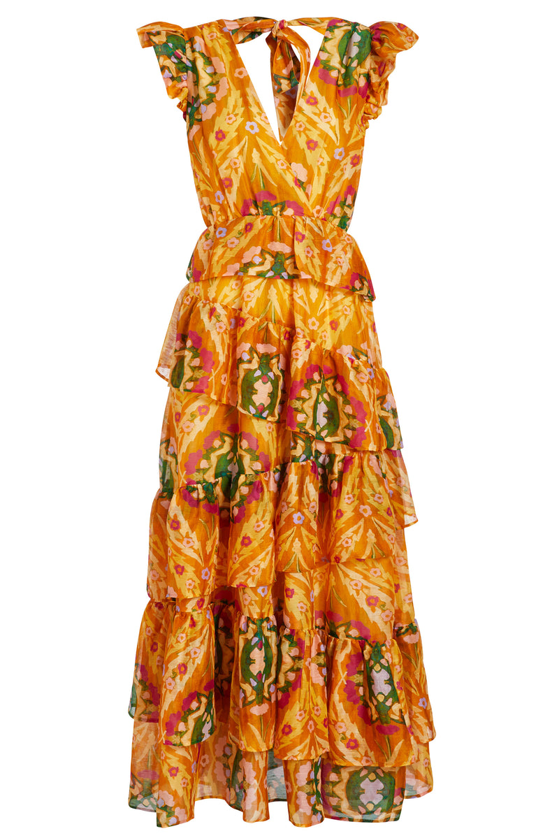 Long maxi dress that has an open back with an adjustable tie at the shoulders