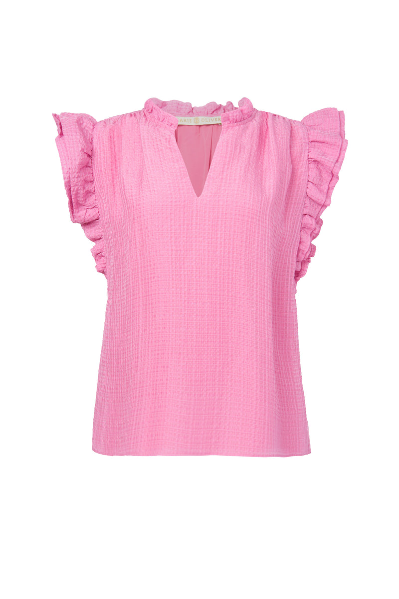 Solid pink top with short ruffle sleeves and clasp neckline 