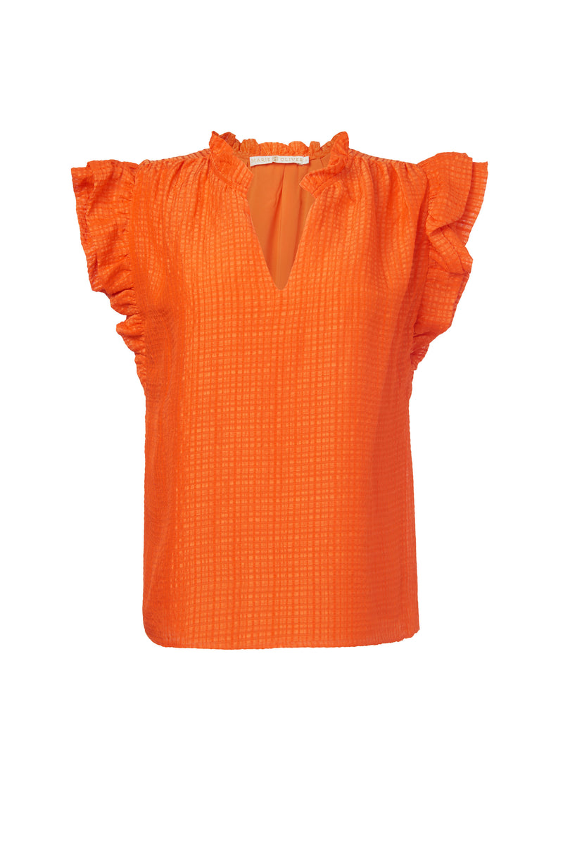 Solid orange top with short ruffle sleeves and clasp neckline 