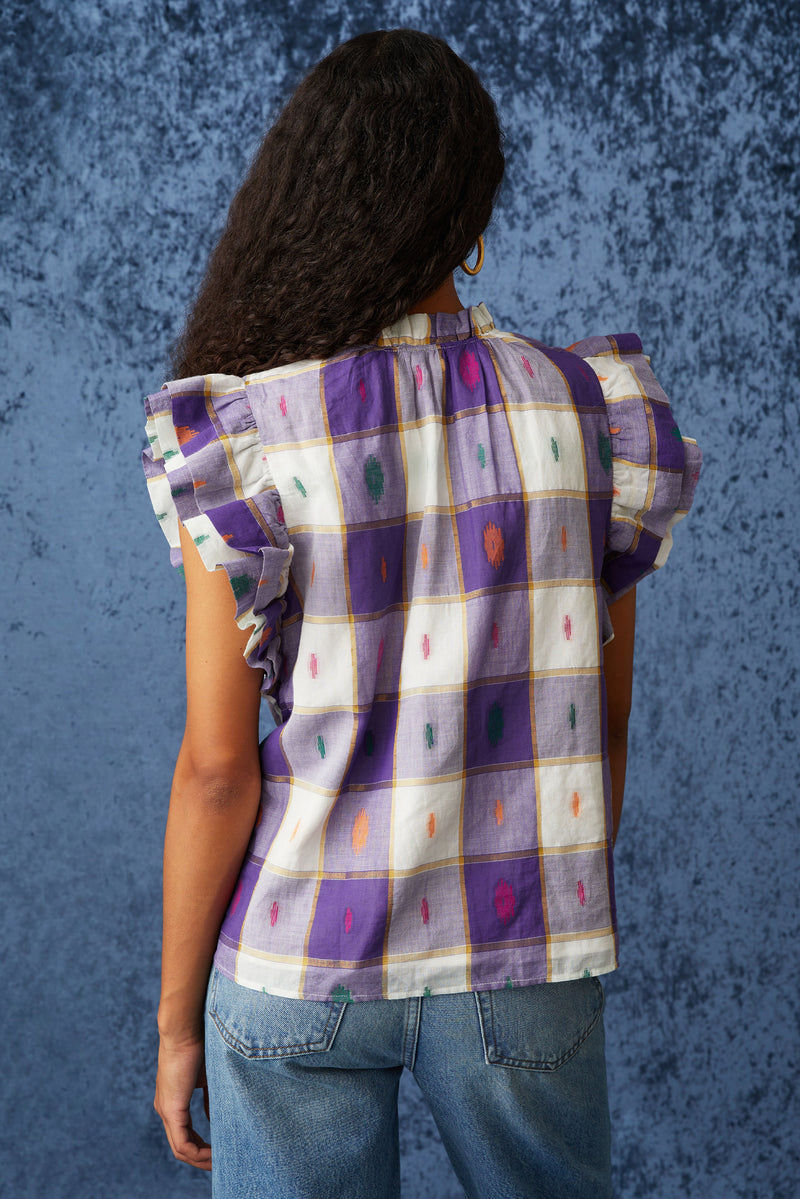 Short ruffle sleeve blouse with v-neck in a purple metallic plaid 