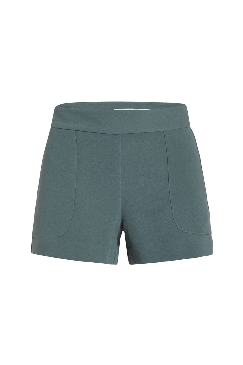 fitted shorts with side pockets and side zipper in a solid dark green