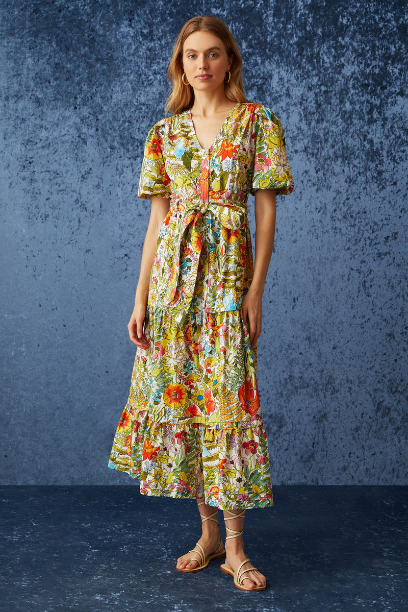 Multicolor floral maxi dress with v-neckline and short puff sleeves