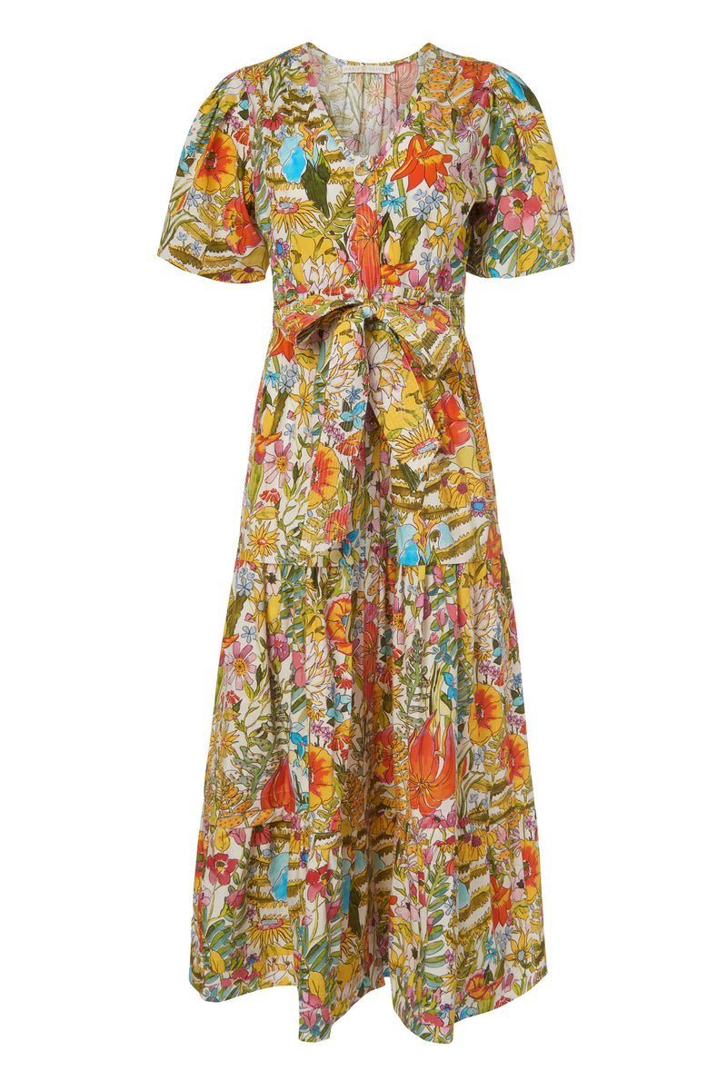 Long maxi dress in a munticolor painterly floral print with bubble sleeves