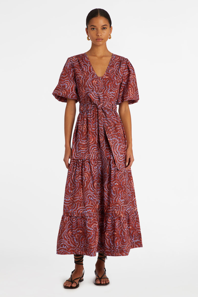 Dark pink checkered maxi dress with v-neck and short puff sleeves