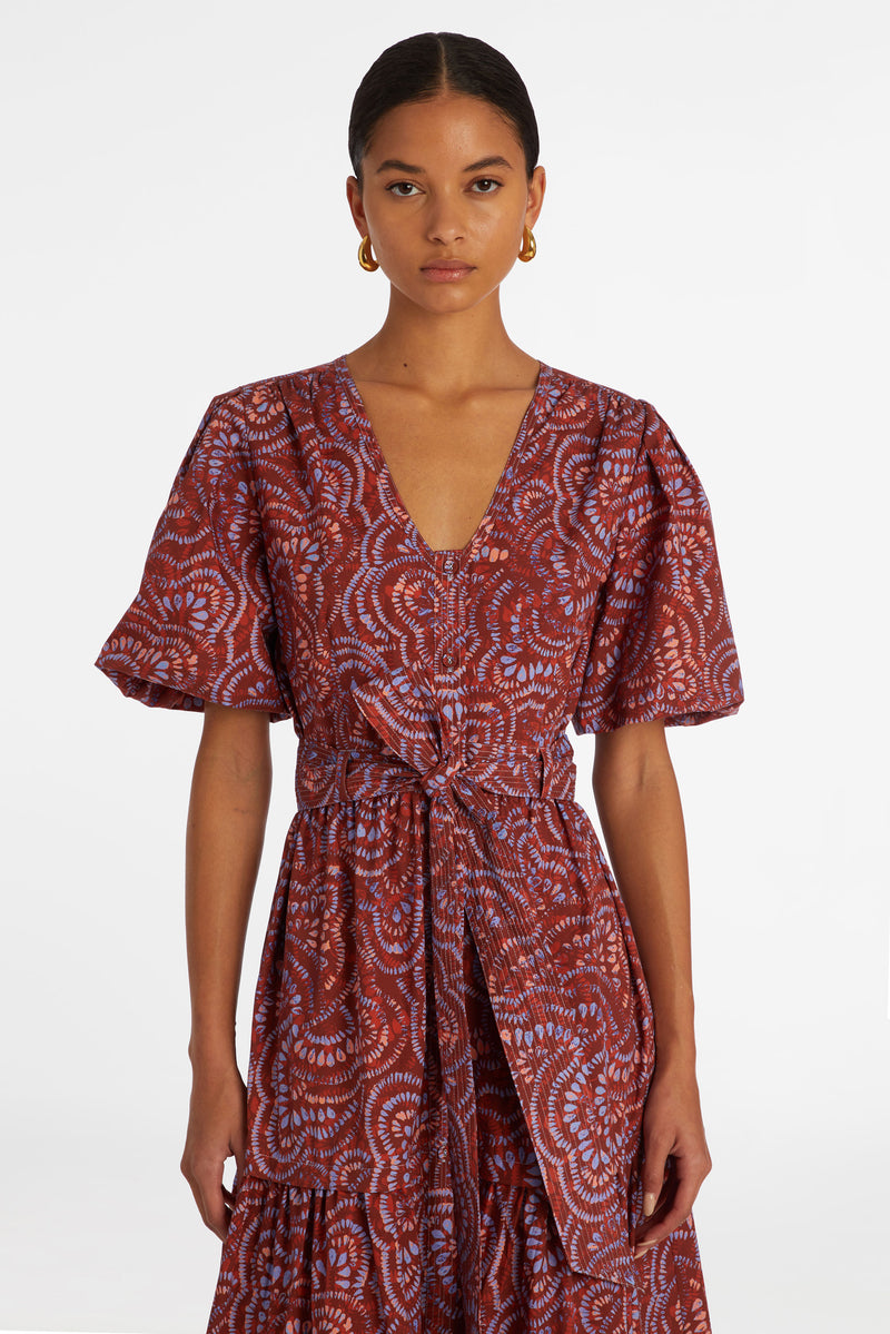 Magenta checkered print dress with short bubble sleeves 