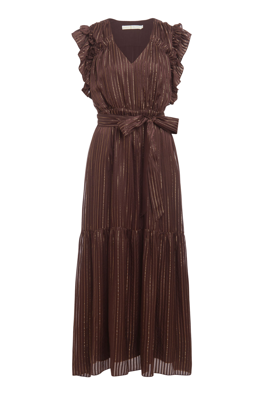 long dark brown dress with gold metallic stripes and a tied belt with ruffled shoulder sleeves