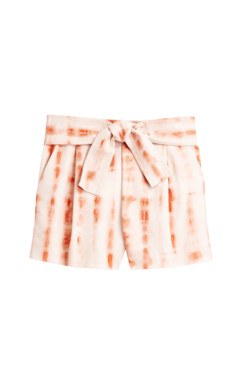 cranberry pink tie dye stripe fitted shorts with tie sash at the waist and side pockets 