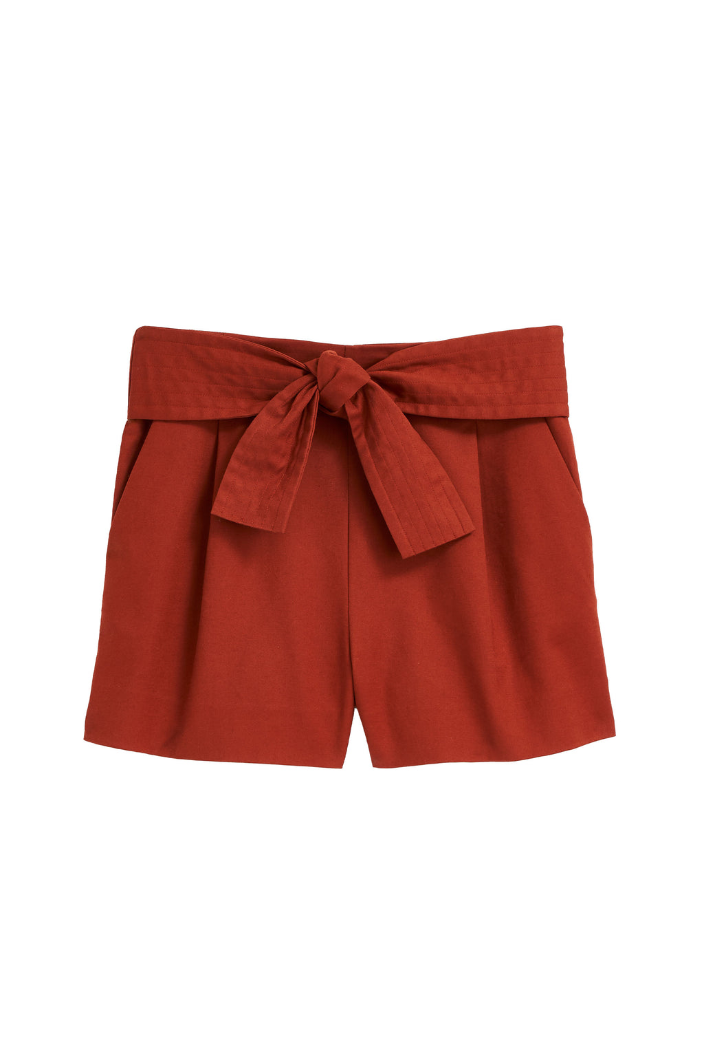 Burgundy fitted shorts with tied sash waist and side pockets 