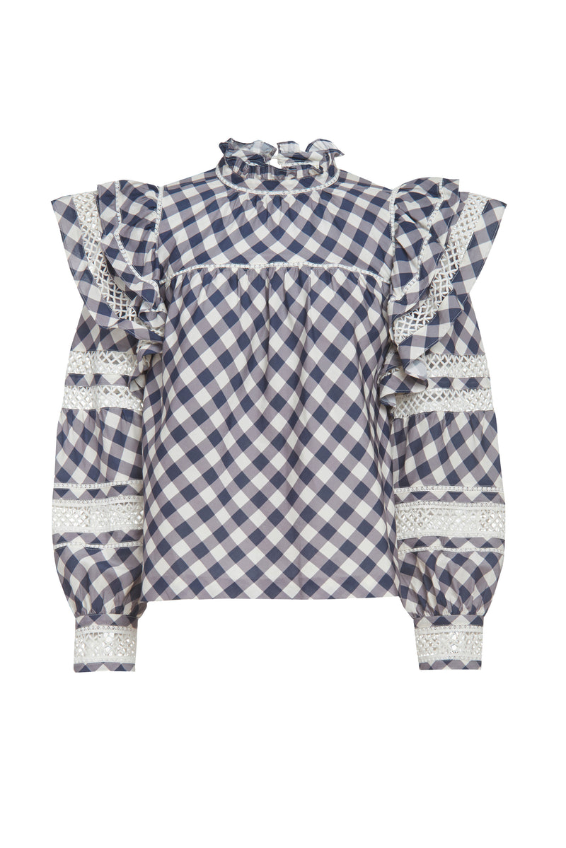 Navy and white top with a straight silhouette and lace bands around the sleeve at the wrists, below the elbow and above the elbow