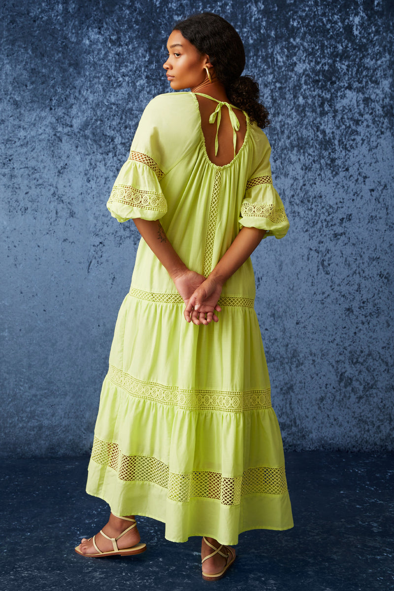 Solid lime green maxi dress with 3/4 bubble sleeves 