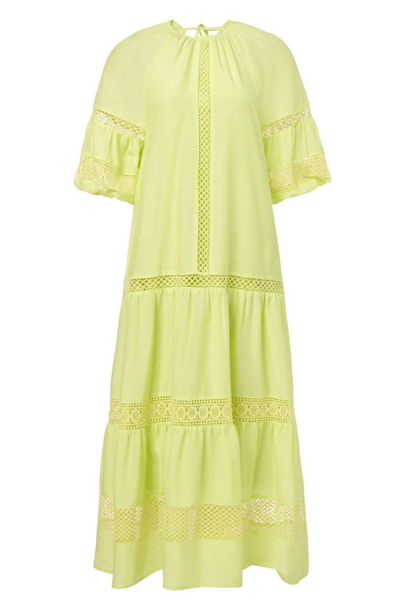 Long maxi dress with embroidered lace detailing on the sleeves and skirt 