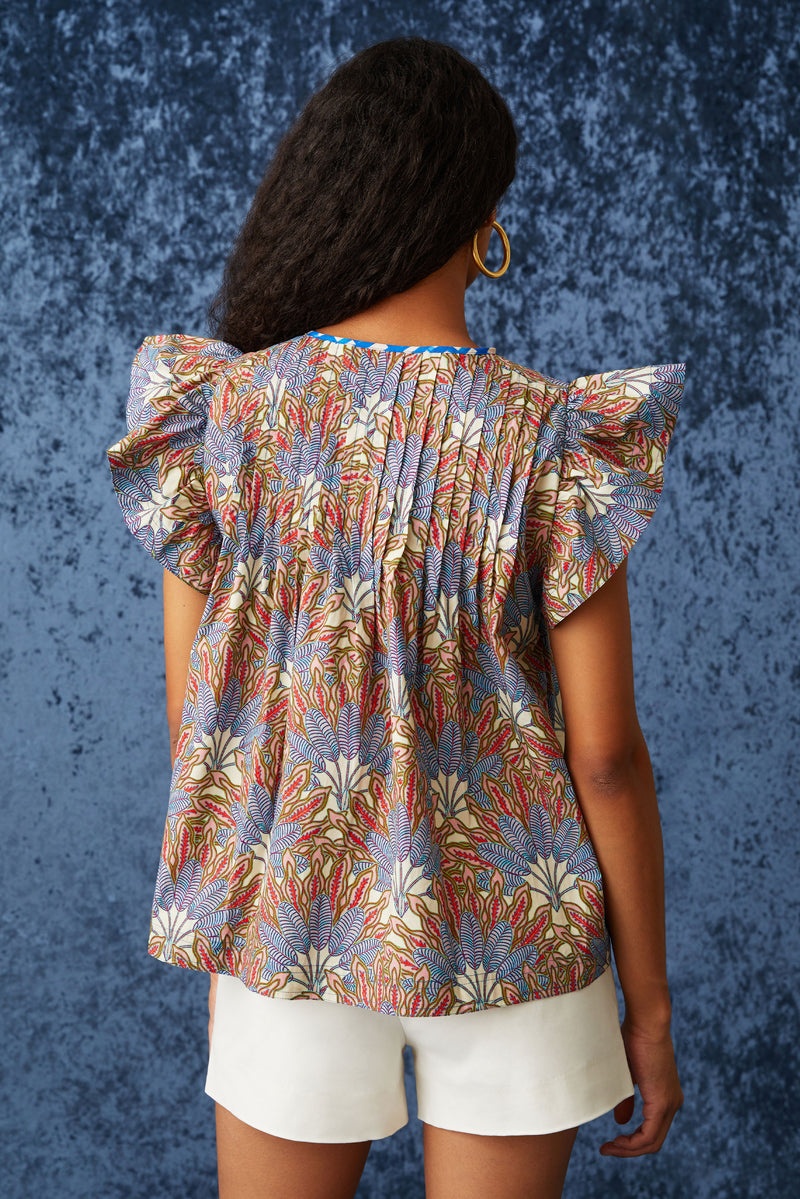 Blue and red floral top with flutter sleeves