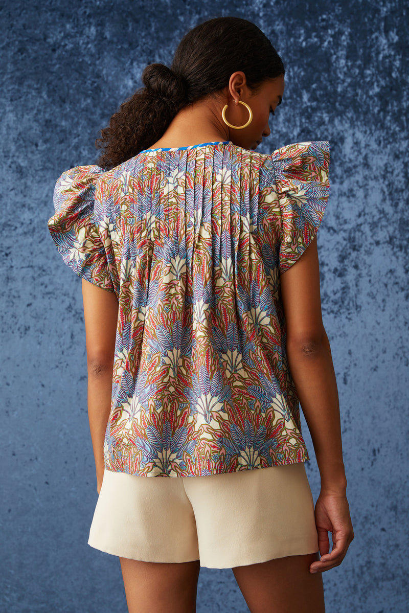 Short sleeve ruffle top with pleated chest plate