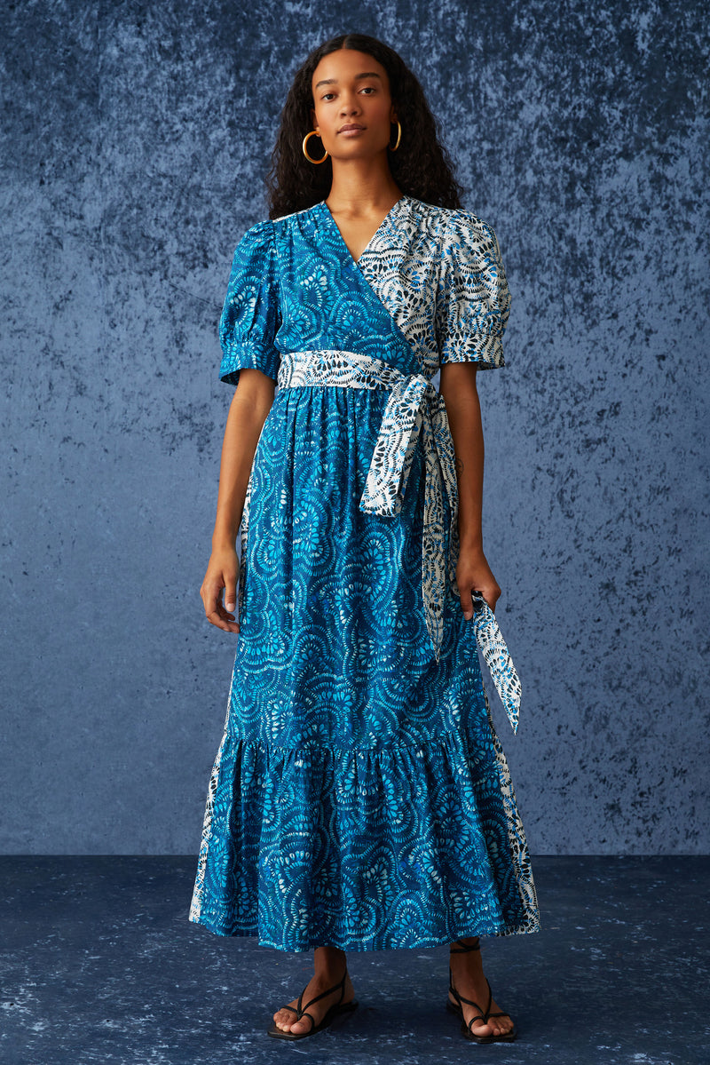 Two toned blue maxi wrap dress with belted waist