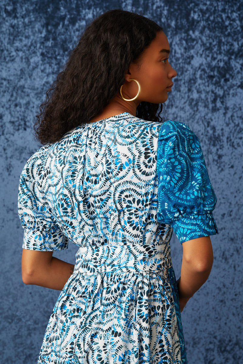 Two toned maxi in a dark blue and light blue geometric print