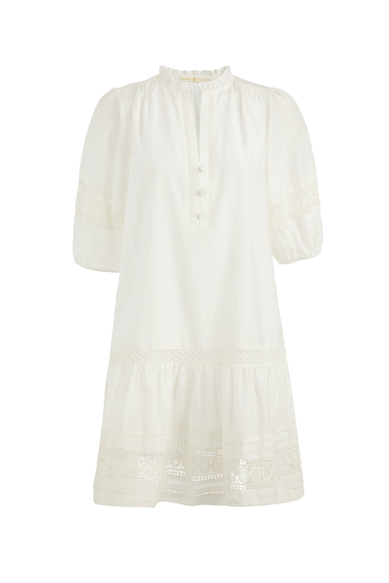 Solid white short dress with ruffled collar and v-neckline with functional buttons