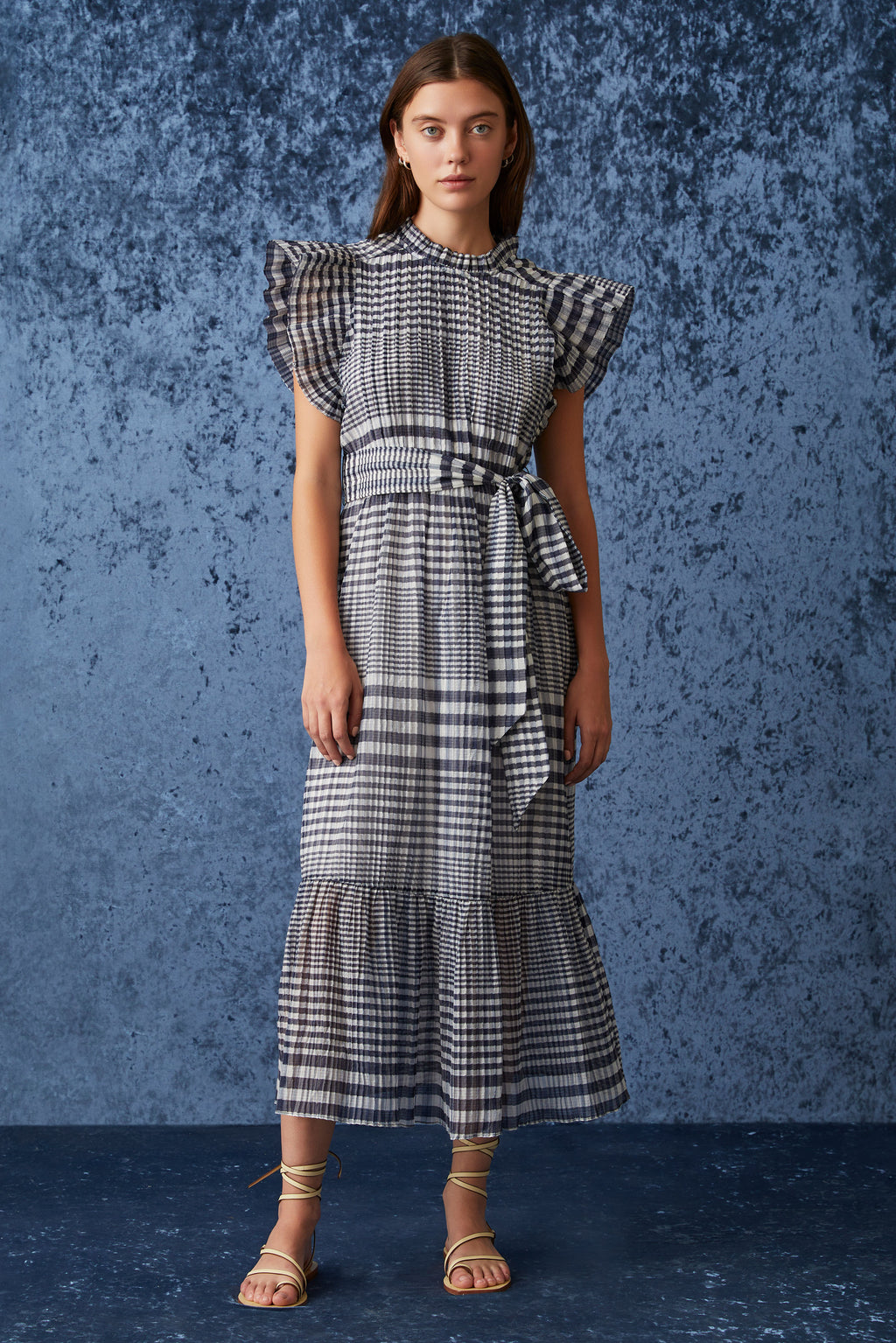 Long dress in a blue and white stripped print 