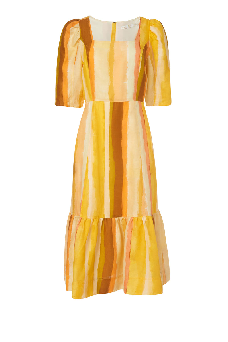 Midi dress with fitted short sleeves in an orange and yellow vertical stripe print 
