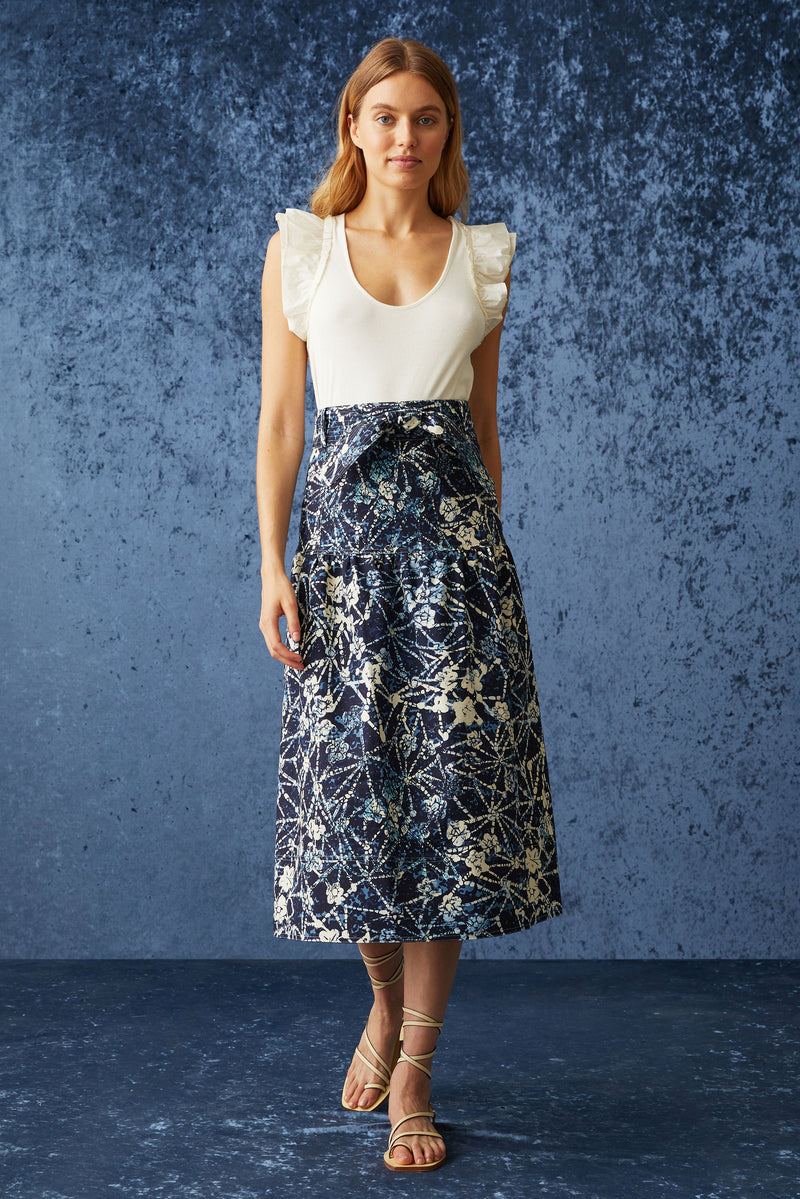 Blue and white floral skirt with optional belt at the waist