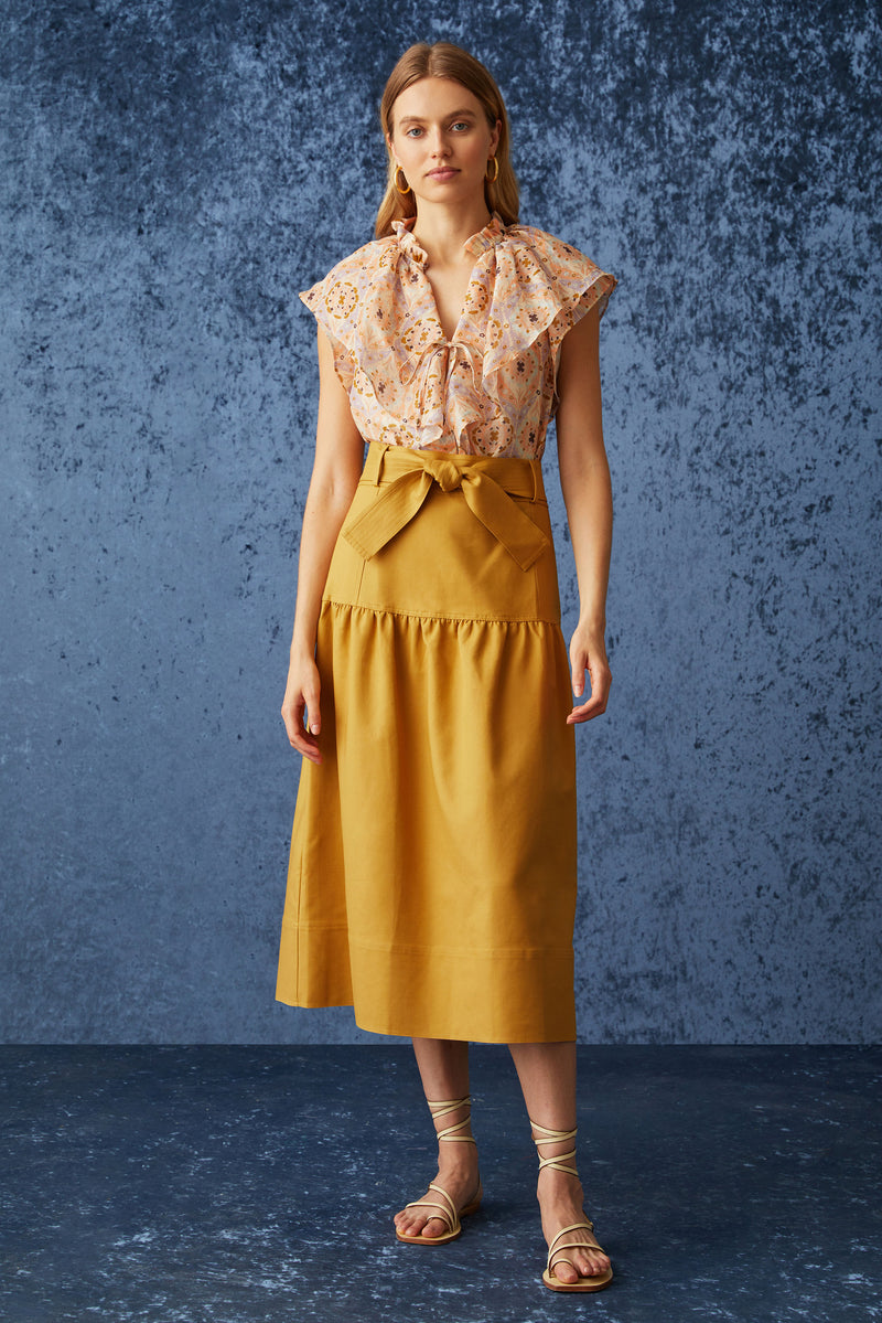 Solid golden bronze skirt with optional belt at the waist