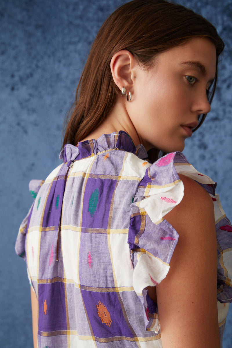 Ruffle short sleeve dress with tiered short skirt in a purple plaid print with metallic detailing print throughout